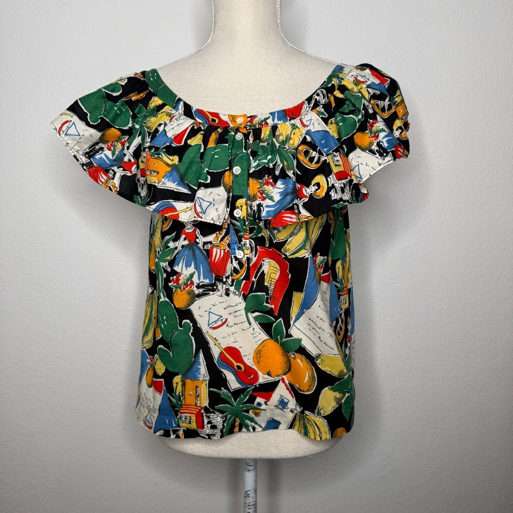 J.Crew Postcard Tropical Print Ruffle Neck Cotton Blouse Multi Size XS